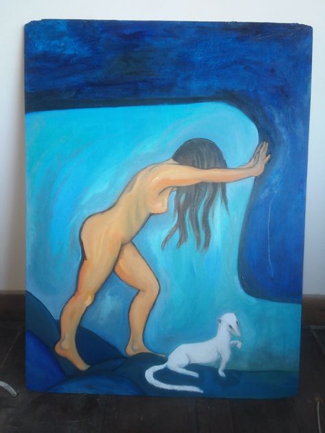 ציור נערה וחמוסה, אקריליק על עץ, 60X40